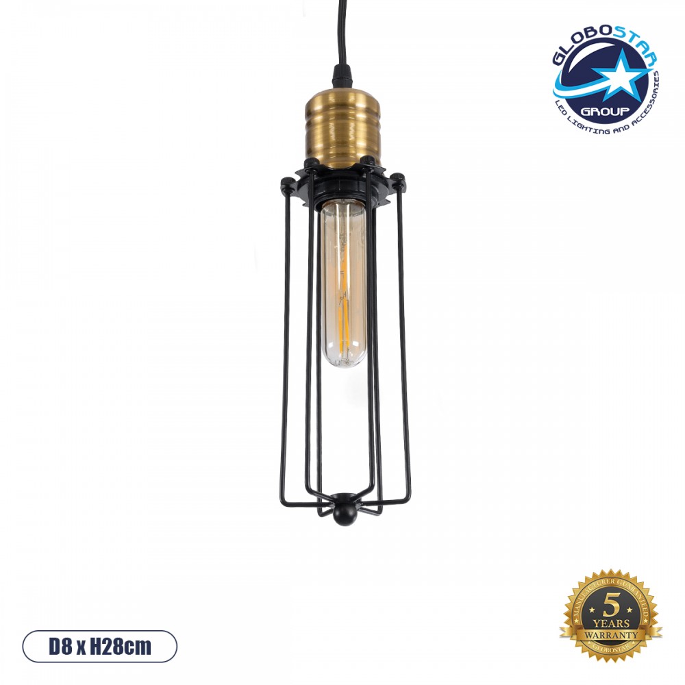 GloboStar® KLECE 01057 Vintage Κρεμαστό Φωτιστικό Ανάρτηση Μονόφωτο 1 x E27 IP20 Μαύρο & Χρυσό Μέταλλο - Μ8 x Π8 x Υ28cm