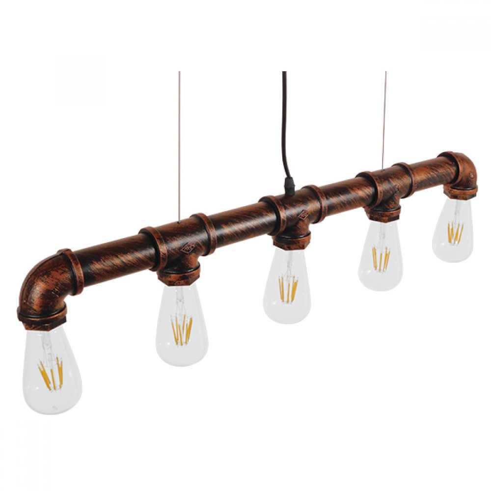 GloboStar® CANAL 01070 Vintage Industrial Κρεμαστό Φωτιστικό Οροφής Πολύφωτο 5 x E27 Καφέ Σκουριά Μεταλλικό Ράγα Μ88 x Π4.5 x Y7cm