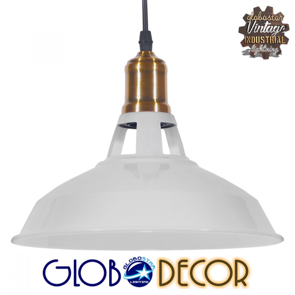 GloboStar® ANER 01072 Vintage Κρεμαστό Φωτιστικό Καμπάνα Μονόφωτο 1 x E27 IP20 Λευκό & Χρυσό Μέταλλο - Μ27.5 x Π27.5 x Υ19cm