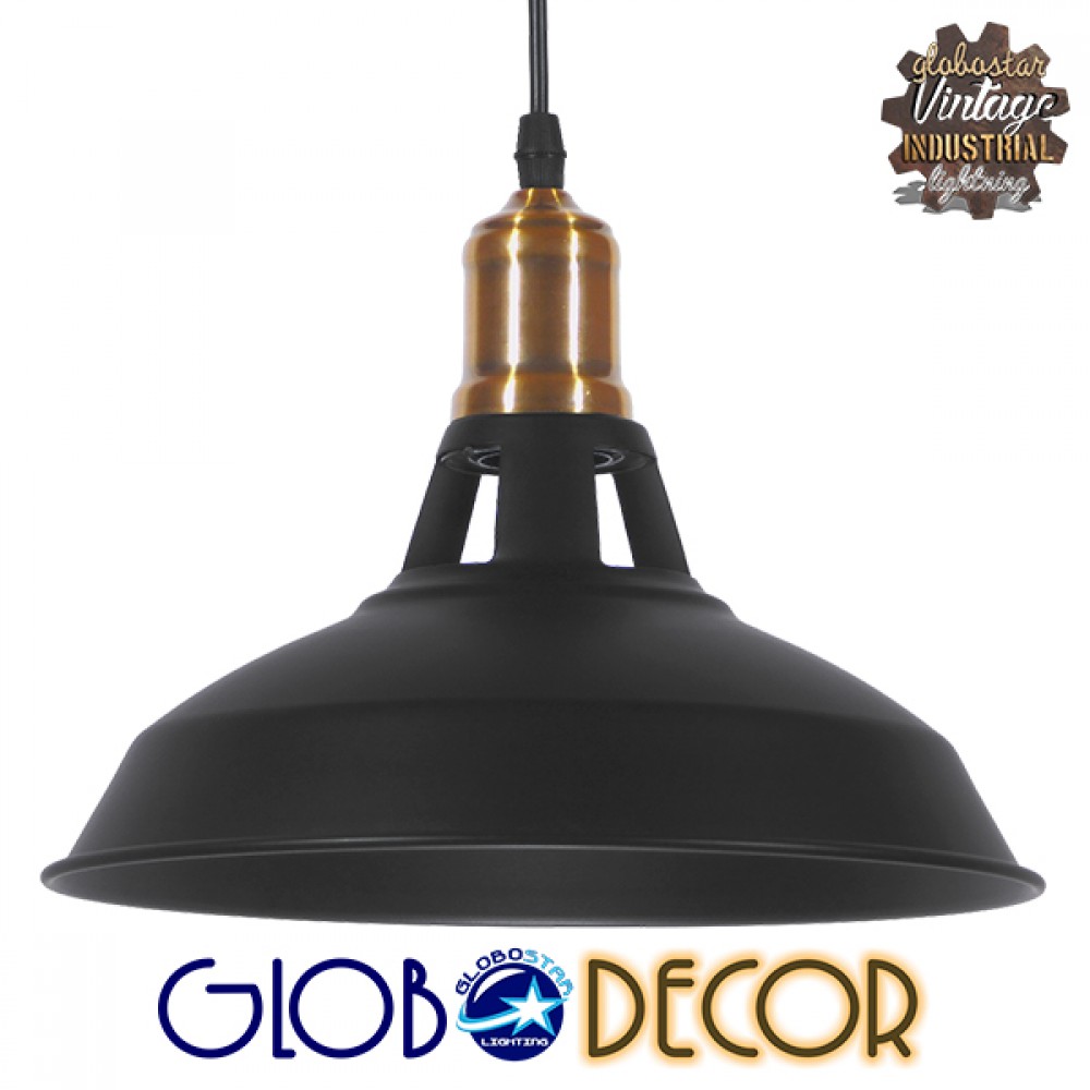 GloboStar® ANER 01073 Vintage Κρεμαστό Φωτιστικό Καμπάνα Μονόφωτο 1 x E27 IP20 Μαύρο & Χρυσό Μέταλλο - Μ27.5 x Π27.5 x Υ19cm