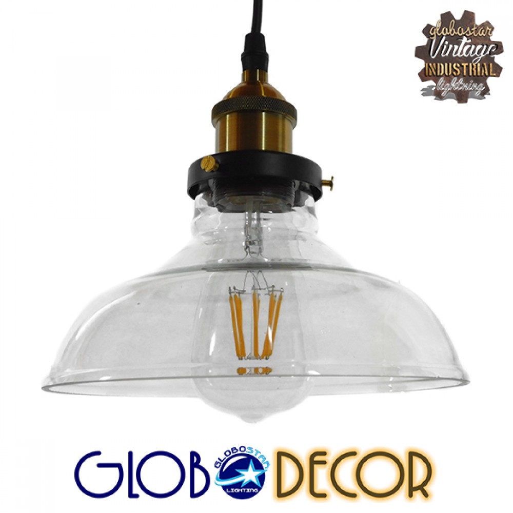 GLOBOSTAR® BINGLEY 01075 Vintage Κρεμαστό Φωτιστικό Οροφής με Ντουί 1 x E27 AC 220-240V IP20 - Διάφανο & Χρυσό - Μ24.5 x Π24.5 x Υ15cm