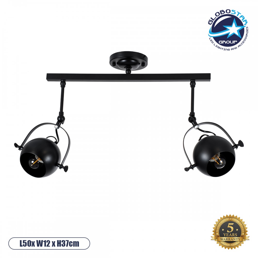 GloboStar® CANNES 01081 Μοντέρνο Φωτιστικό Οροφής Ράγα Δίφωτο 2 x E27 IP20 Μαύρο Μέταλλο - Μ61 x Π12 x Υ48cm
