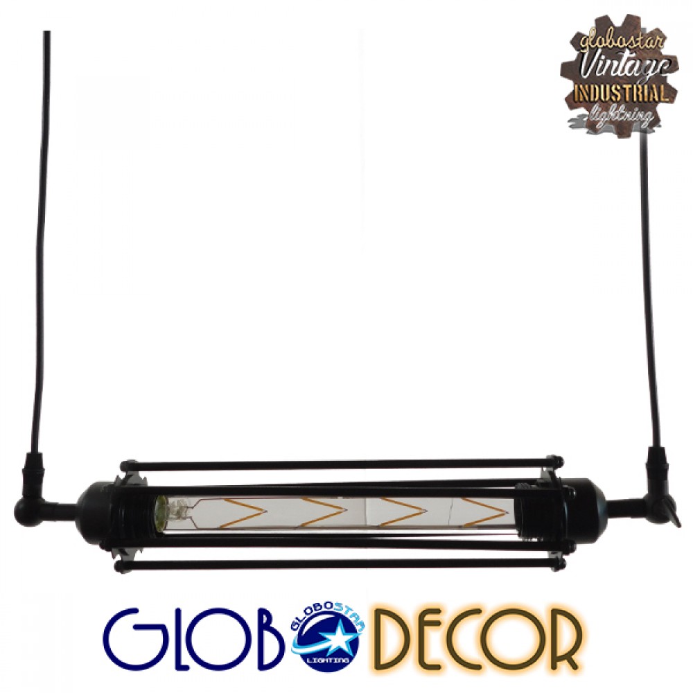 GloboStar® TUBE 01085 Vintage Κρεμαστό Φωτιστικό Ανάρτηση Μονόφωτο 1 x E27 IP20 Μαύρο Μέταλλο - Μ43 x Π11 x Υ11cm
