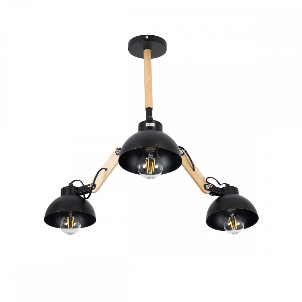GloboStar® OLD SCHOOL 01093 Μοντέρνο Industrial Φωτιστικό Οροφής Τρίφωτο 3 x E27 Μαύρο Μεταλλικό με Φυσικό Ξύλο Καμπάνα Φ75 x Y38cm
