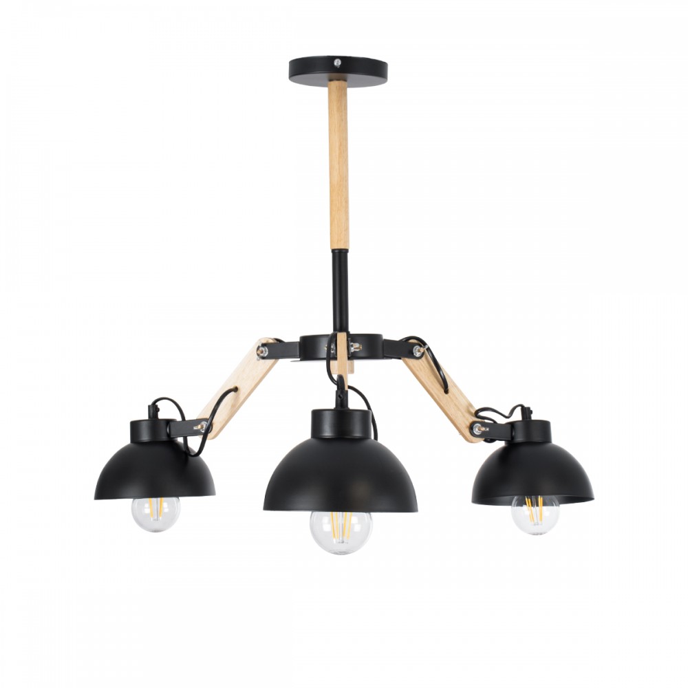 GloboStar® OLD SCHOOL 01093 Μοντέρνο Industrial Φωτιστικό Οροφής Τρίφωτο 3 x E27 Μαύρο Μεταλλικό με Φυσικό Ξύλο Καμπάνα Φ75 x Y38cm