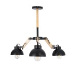 GloboStar® OLD SCHOOL 01093 Μοντέρνο Industrial Φωτιστικό Οροφής Τρίφωτο 3 x E27 Μαύρο Μεταλλικό με Φυσικό Ξύλο Καμπάνα Φ75 x Y38cm