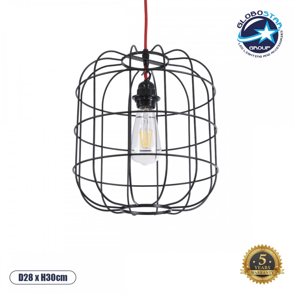 GloboStar® PARROT 01099 Μοντέρνο Κρεμαστό Φωτιστικό Πλέγμα Μονόφωτο 1 x E27 IP20 Μαύρο Μέταλλο - Μ28 x Π28 x Υ30cm