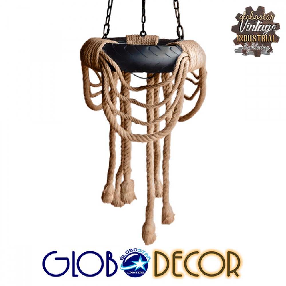 GloboStar® RUNNER 01115 Vintage Κρεμαστό Φωτιστικό Ανάρτηση Πολύφωτο 6 x E27 IP20 Μαύρο Πλαστικό με Μπεζ Σχοινί - Μ45 x Π45 x Υ60cm