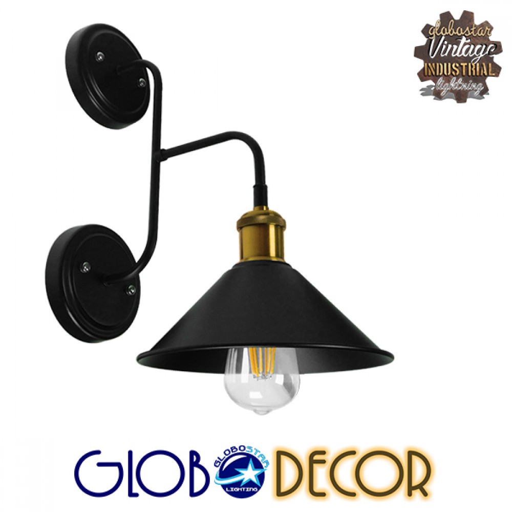 GloboStar® MAGEOR 01120 Vintage Επιτοίχιο Φωτιστικό Απλίκα Μονόφωτο 1 x E27 IP20 Μαύρο & Χρυσό Μέταλλο - Μ22 x Π30 x Υ40cm