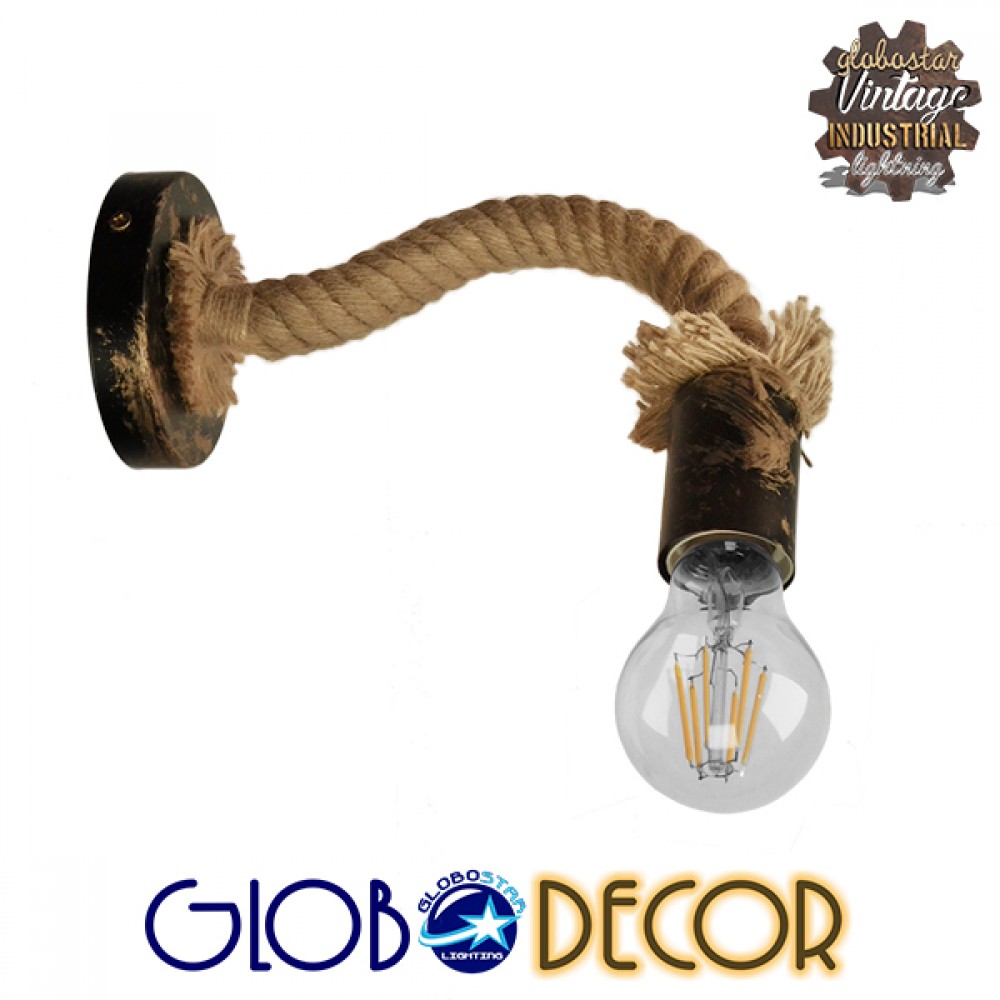 GloboStar® SADON 01126 Vintage Επιτοίχιο Φωτιστικό Απλίκα Μονόφωτο 1 x E27 IP20 Χάλκινο Μέταλλο με Μπεζ Σχοινί - Μ10 x Π22 x Υ15cm