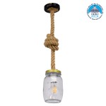 GloboStar® JAM 01128 Vintage Κρεμαστό Φωτιστικό Οροφής Μονόφωτο 1 x E27 Γυάλινο με Μπεζ Σχοινί Φ11 x Y120cm