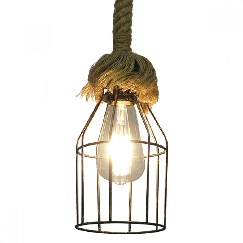GloboStar® LAICO 01129 Vintage Κρεμαστό Φωτιστικό Πλέγμα Μονόφωτο 1 x E27 IP20 Μπρούτζινο Μέταλλο με Μπεζ Σχοινί - Μ12 x Π12 x Υ100cm