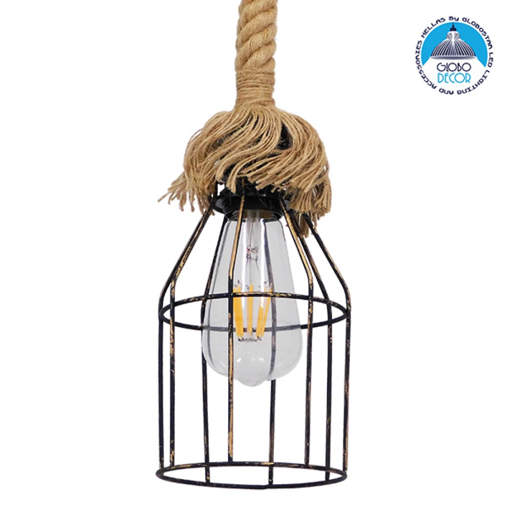 GloboStar® LAICO 01129 Vintage Κρεμαστό Φωτιστικό Πλέγμα Μονόφωτο 1 x E27 IP20 Μπρούτζινο Μέταλλο με Μπεζ Σχοινί - Μ12 x Π12 x Υ100cm