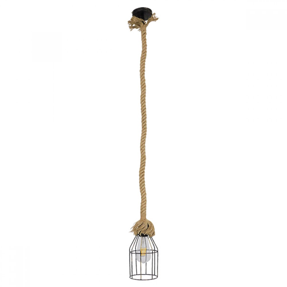 GloboStar® LAICO 01129 Vintage Κρεμαστό Φωτιστικό Οροφής Μονόφωτο 1 x E27 Μπρούτζινο Σκουριά Μεταλλικό Πλέγμα με Μπεζ Σχοινί Φ12 x Y100cm