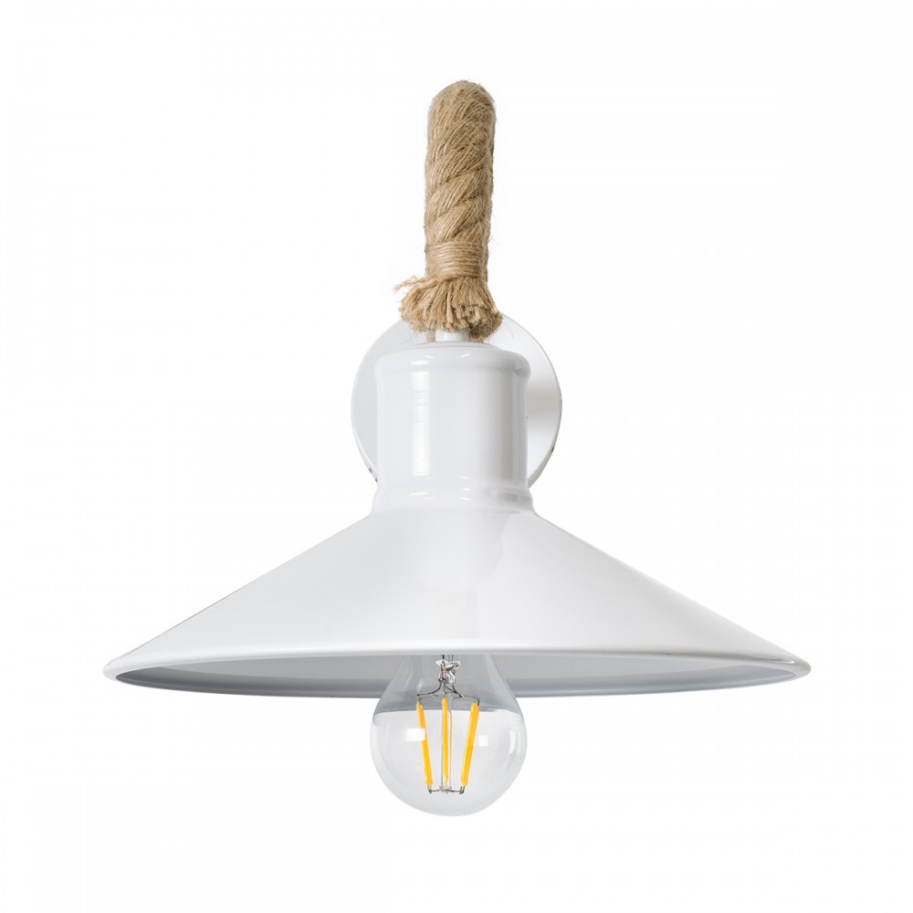 GloboStar® VINSA 01130 Vintage Φωτιστικό Τοίχου Απλίκα Μονόφωτο 1 x E27 Λευκό Μεταλλικό Καμπάνα με Μπεζ Σχοινί Μ37.5 x Π26.7 x Υ25cm
