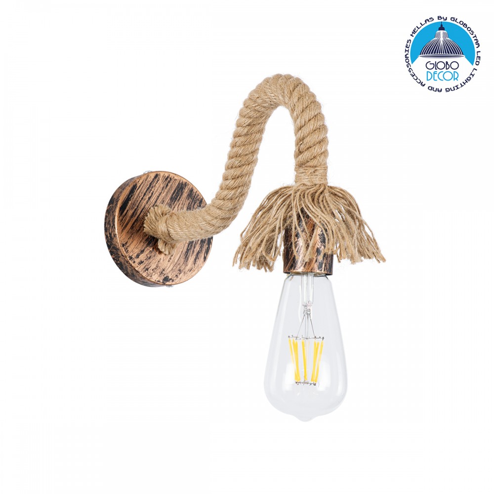 GloboStar® FLEDI 01134 Vintage Επιτοίχιο Φωτιστικό Απλίκα Μονόφωτο 1 x E27 IP20 Χάλκινο Μέταλλο με Μπεζ Σχοινί - Μ10 x Π25 x Υ15cm