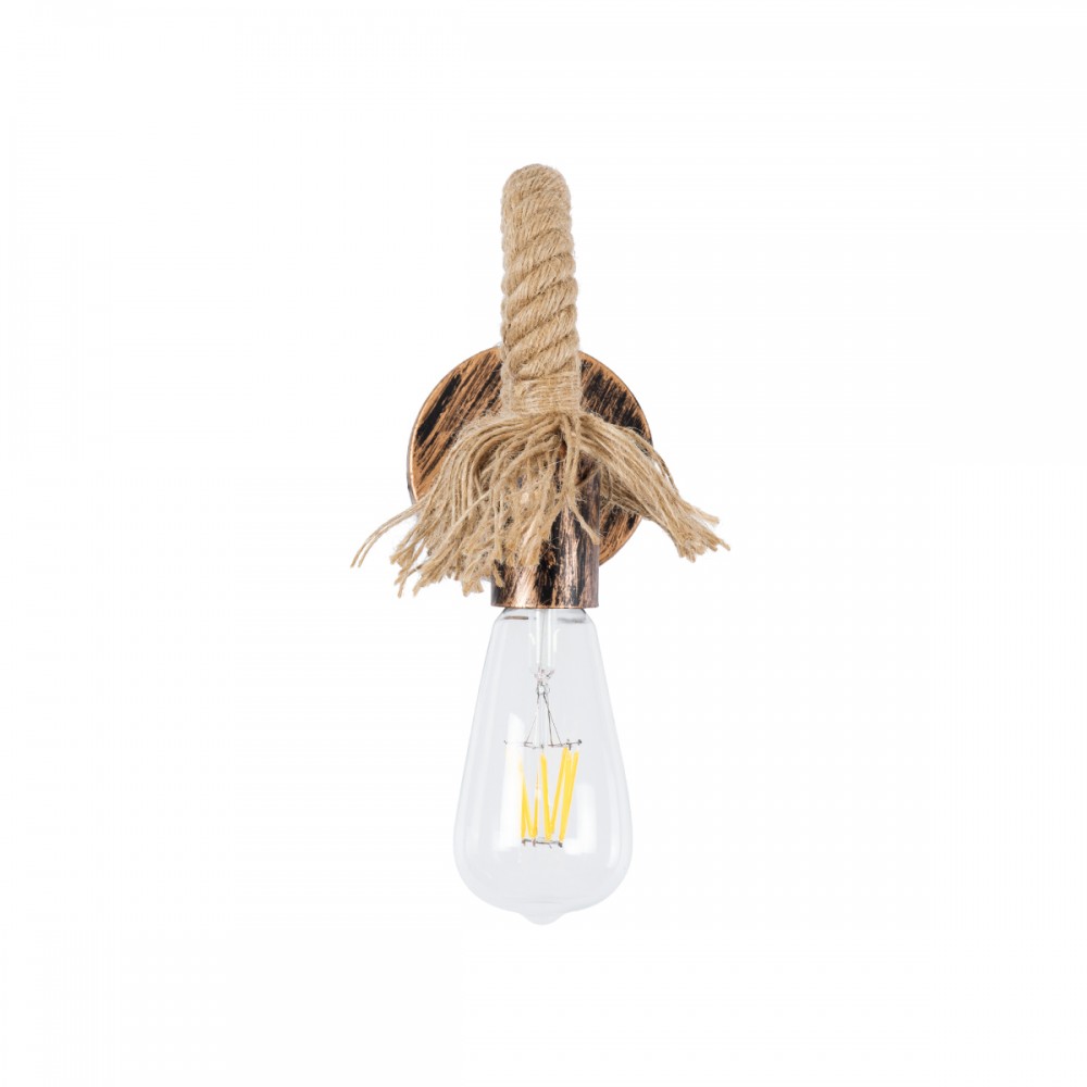 GloboStar® FLEDI 01134 Vintage Φωτιστικό Τοίχου Απλίκα Μονόφωτο 1 x E27 AC220-240V - Μ10 x Π25 x Υ15cm - Μπρούτζινο Σκουριά Μεταλλικό με Μπεζ Σχοινί - 5 Χρόνια Εγγύηση