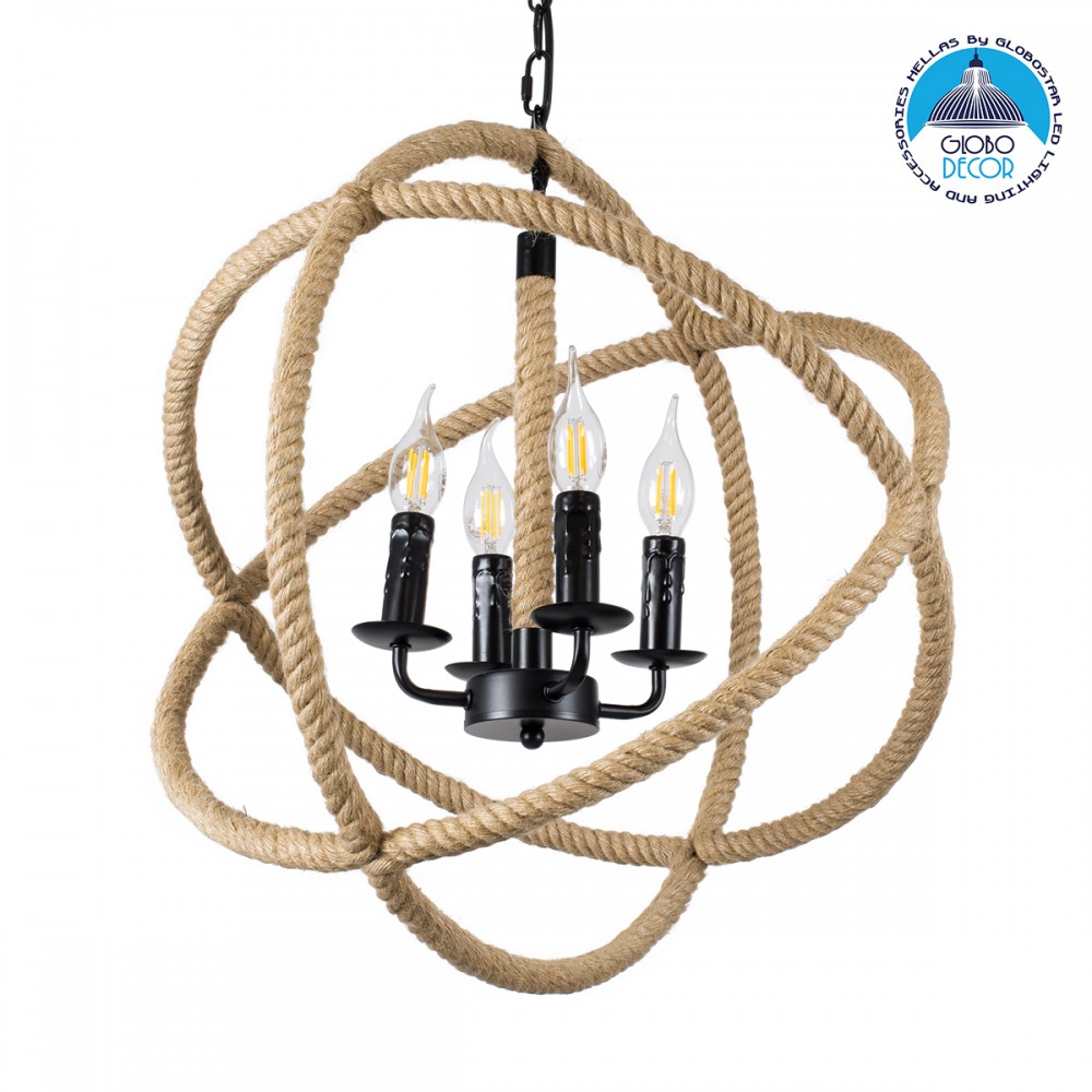 GLOBOSTAR® VITRUVIAN 01141 Boho Κρεμαστό Φωτιστικό Οροφής με Ντουί 4 x E14 AC 220-240V IP20 - Μαύρο & Μπεζ - Μ53 x Π53 x Υ53cm
