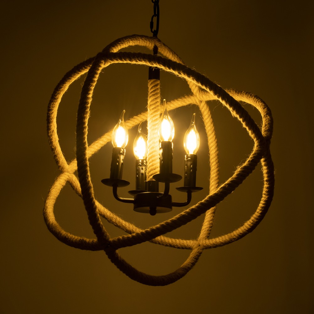 GloboStar® VITRUVIAN 01141 Vintage Κρεμαστό Φωτιστικό Οροφής Πολύφωτο 4 x E14 Μαύρο Μεταλλικό Πολυέλαιος με Μπεζ Σχοινί Φ53 x Y53cm