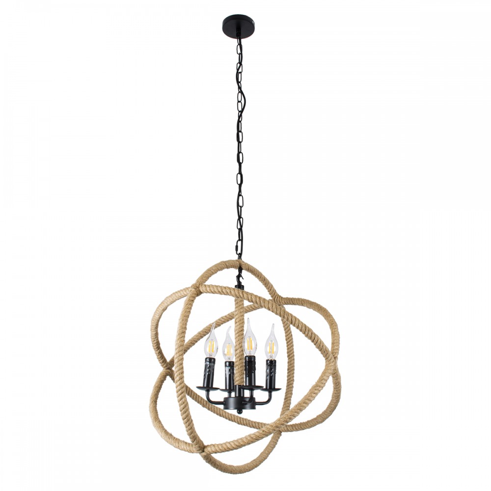 GloboStar® VITRUVIAN 01141 Vintage Κρεμαστό Φωτιστικό Οροφής Πολύφωτο 4 x E14 Μαύρο Μεταλλικό Πολυέλαιος με Μπεζ Σχοινί Φ53 x Y53cm