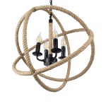 GloboStar® VITRUVIAN 01141 Vintage Κρεμαστό Φωτιστικό Οροφής Πολύφωτο 4 x E14 Μαύρο Μεταλλικό Πολυέλαιος με Μπεζ Σχοινί Φ53 x Y53cm