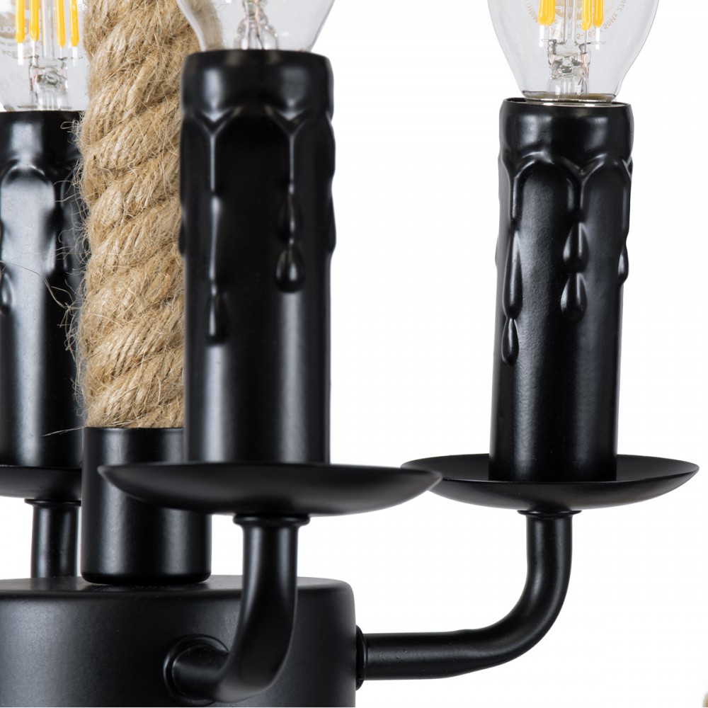 GloboStar® VITRUVIAN 01141 Vintage Κρεμαστό Φωτιστικό Οροφής Πολύφωτο 4 x E14 Μαύρο Μεταλλικό Πολυέλαιος με Μπεζ Σχοινί Φ53 x Y53cm