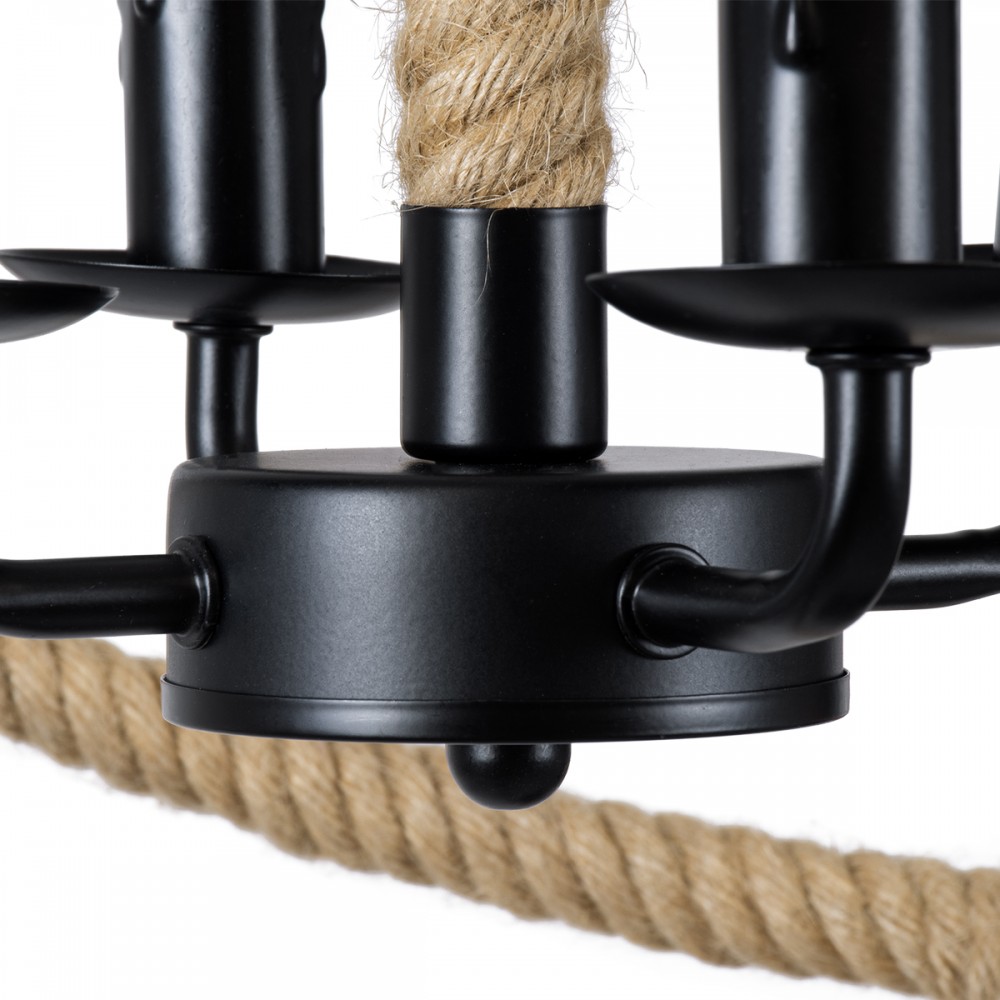 GloboStar® VITRUVIAN 01141 Vintage Κρεμαστό Φωτιστικό Οροφής Πολύφωτο 4 x E14 Μαύρο Μεταλλικό Πολυέλαιος με Μπεζ Σχοινί Φ53 x Y53cm