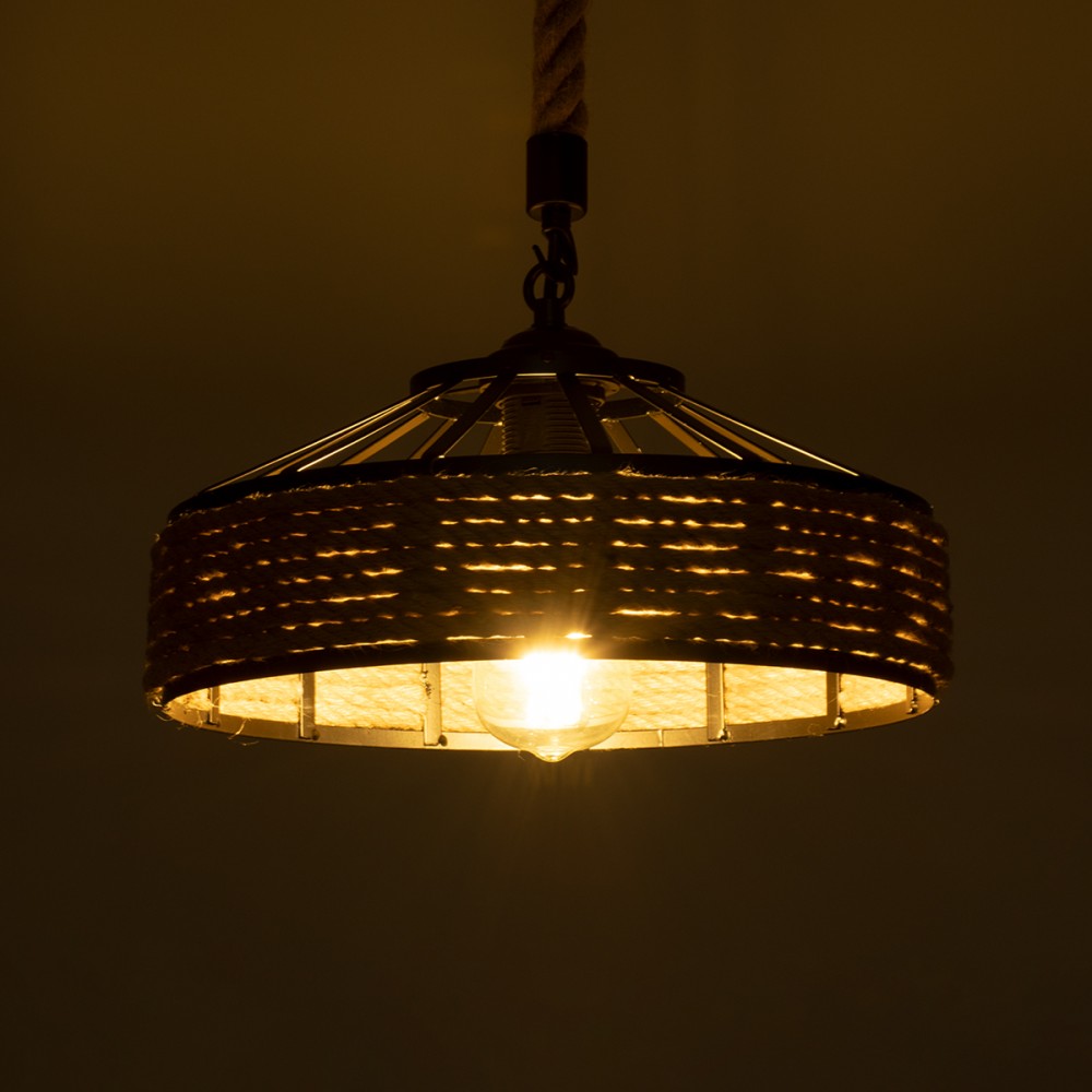 GloboStar® POLI 01146 Vintage Κρεμαστό Φωτιστικό Οροφής Μονόφωτο 1 x E27 Μαύρο Μεταλλικό με Μπεζ Σχοινί Φ31 x Y14cm
