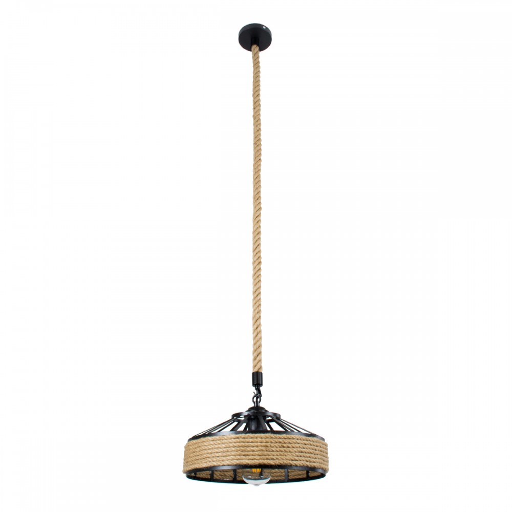 GloboStar® POLI 01146 Vintage Κρεμαστό Φωτιστικό Οροφής Μονόφωτο 1 x E27 Μαύρο Μεταλλικό με Μπεζ Σχοινί Φ31 x Y14cm