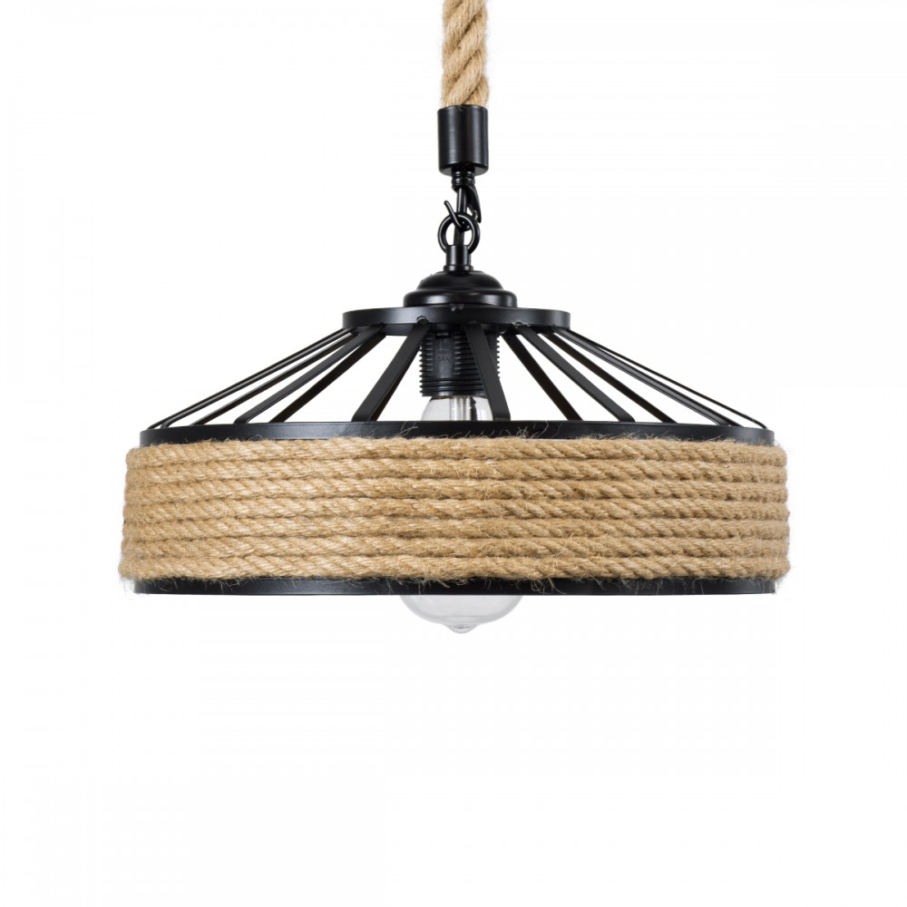 GloboStar® POLI 01146 Vintage Κρεμαστό Φωτιστικό Οροφής Μονόφωτο 1 x E27 Μαύρο Μεταλλικό με Μπεζ Σχοινί Φ31 x Y14cm