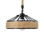 GloboStar® POLI 01146 Vintage Κρεμαστό Φωτιστικό Οροφής Μονόφωτο 1 x E27 Μαύρο Μεταλλικό με Μπεζ Σχοινί Φ31 x Y14cm