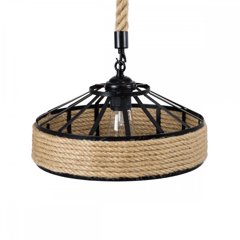 GloboStar® POLI 01146 Vintage Κρεμαστό Φωτιστικό Οροφής Μονόφωτο 1 x E27 Μαύρο Μεταλλικό με Μπεζ Σχοινί Φ31 x Y14cm
