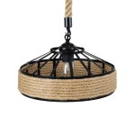 GloboStar® POLI 01146 Vintage Κρεμαστό Φωτιστικό Οροφής Μονόφωτο 1 x E27 Μαύρο Μεταλλικό με Μπεζ Σχοινί Φ31 x Y14cm