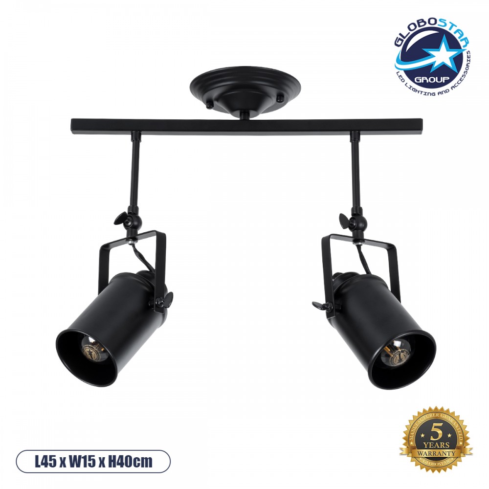 GLOBOSTAR® HOLLYWOOD 01154 Vintage Φωτιστικό Οροφής με Ντουί 2 x E27 AC 220-240V IP20 - Μαύρο - Μ45 x Π15 x Υ40cm