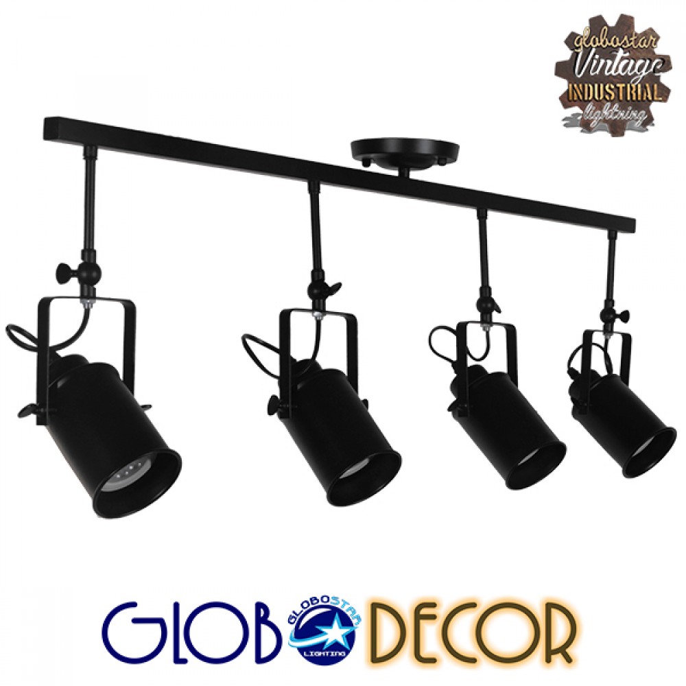 GLOBOSTAR® HOLLYWOOD 01156 Vintage Φωτιστικό Οροφής με Ντουί 4 x E27 AC 220-240V IP20 - Μαύρο - Μ13 x Π110 x Υ38cm