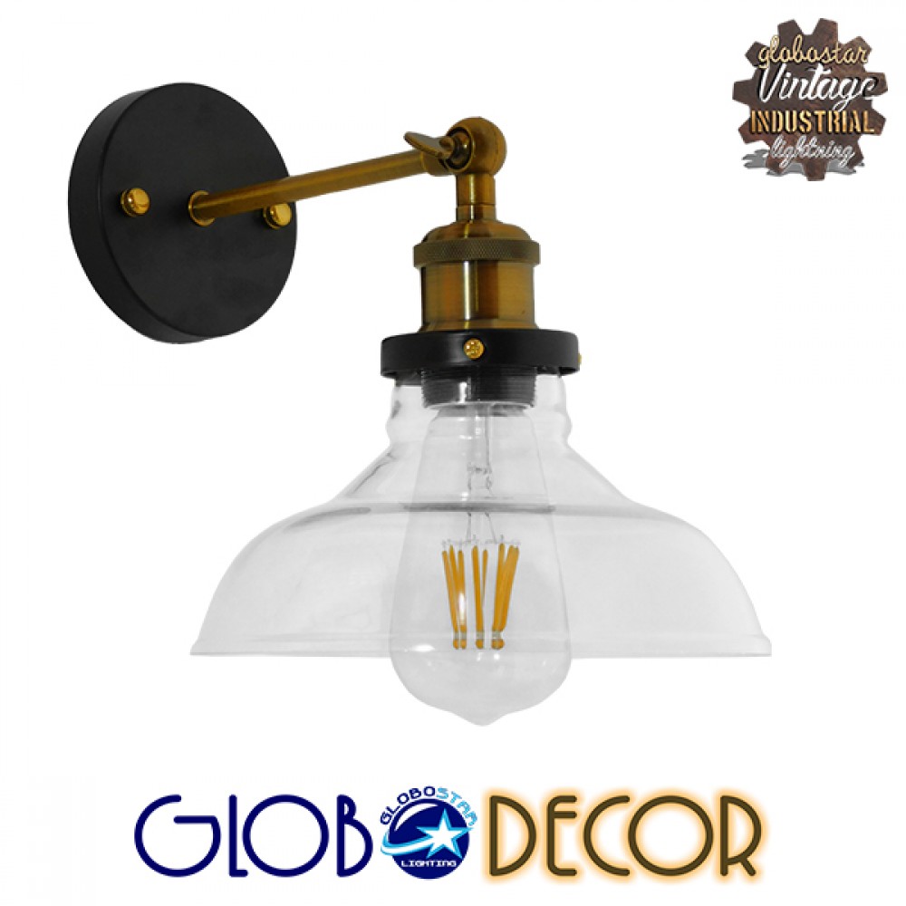GLOBOSTAR® BINGLEY 01159 Vintage Φωτιστικό Τοίχου - Απλίκα με Ντουί 1 x E27 AC 220-240V IP20 - Διάφανο & Χρυσό - Μ19 x Π30 x Υ24cm