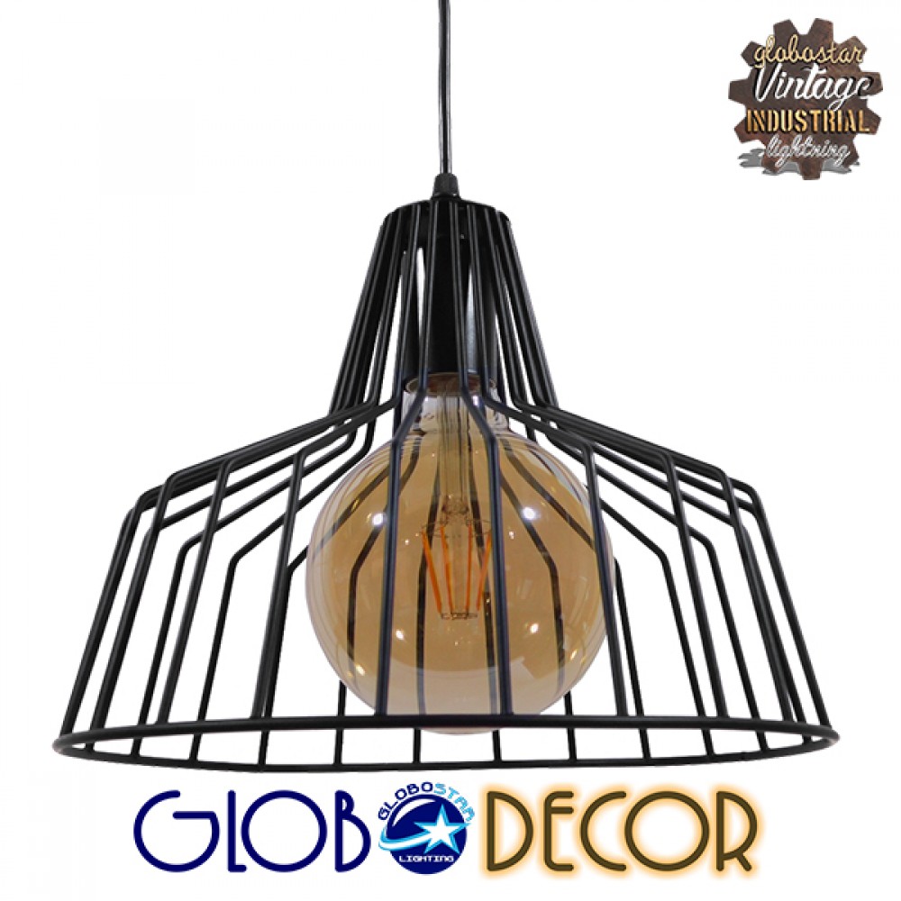 GloboStar® TERE 01165 Vintage Κρεμαστό Φωτιστικό Καμπάνα Μονόφωτο 1 x E27 IP20 Μαύρο Μέταλλο - Μ30 x Π30 x Υ25cm