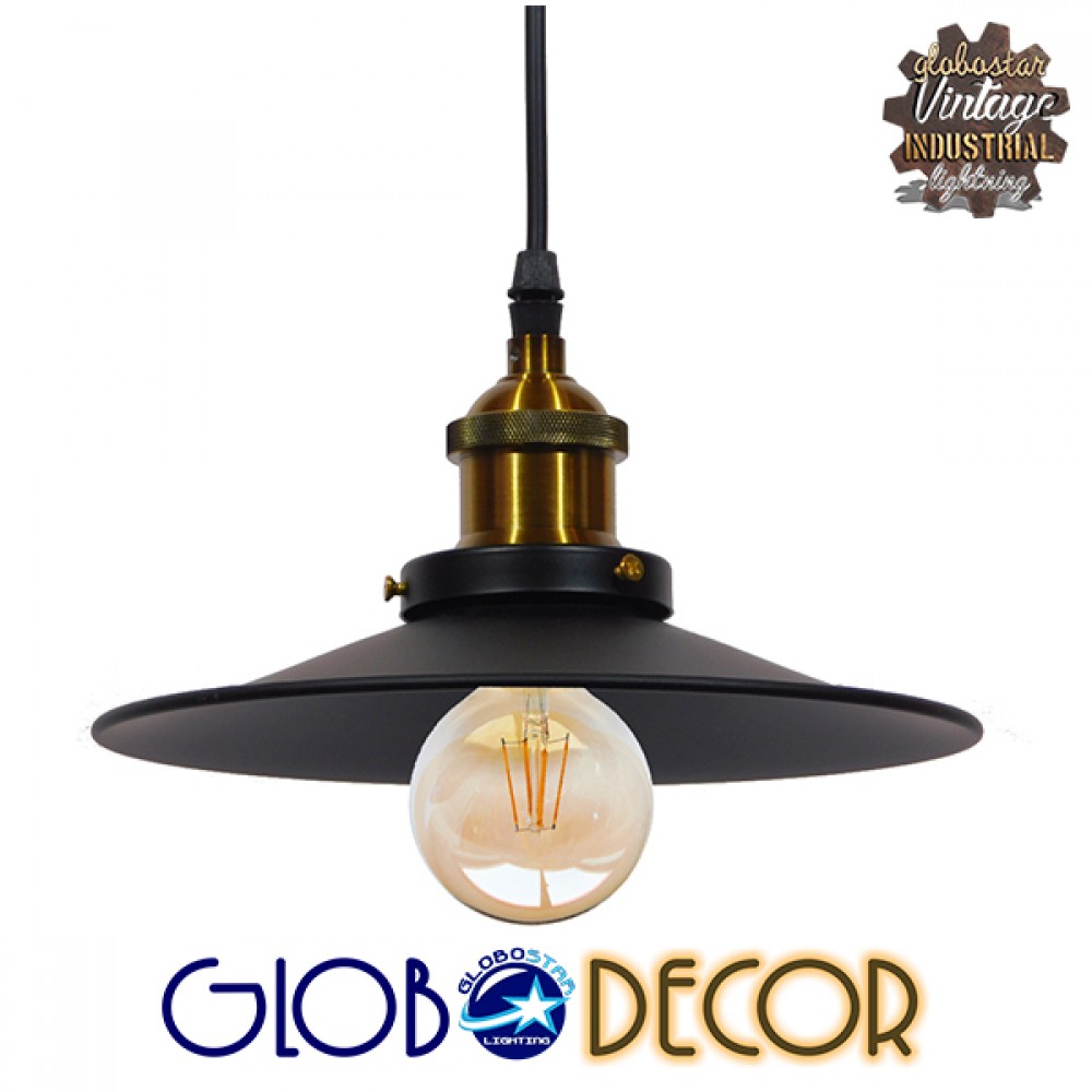 GloboStar® CARAVEL 01167 Vintage Κρεμαστό Φωτιστικό Καμπάνα Μονόφωτο 1 x E27 IP20 Μαύρο & Χρυσό Μέταλλο - Μ22 x Π22 x Υ13cm