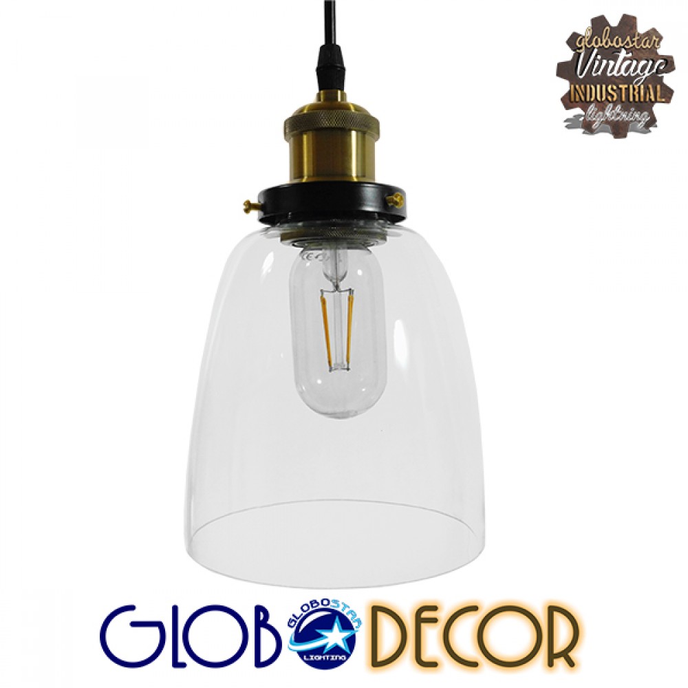 GloboStar® WICKHAM 01168 Vintage Κρεμαστό Φωτιστικό Καμπάνα Μονόφωτο 1 x E27 IP20 Διάφανο Γυαλί με Μαύρο & Χρυσό Μέταλλο - Μ14 x Π14 x Y23cm
