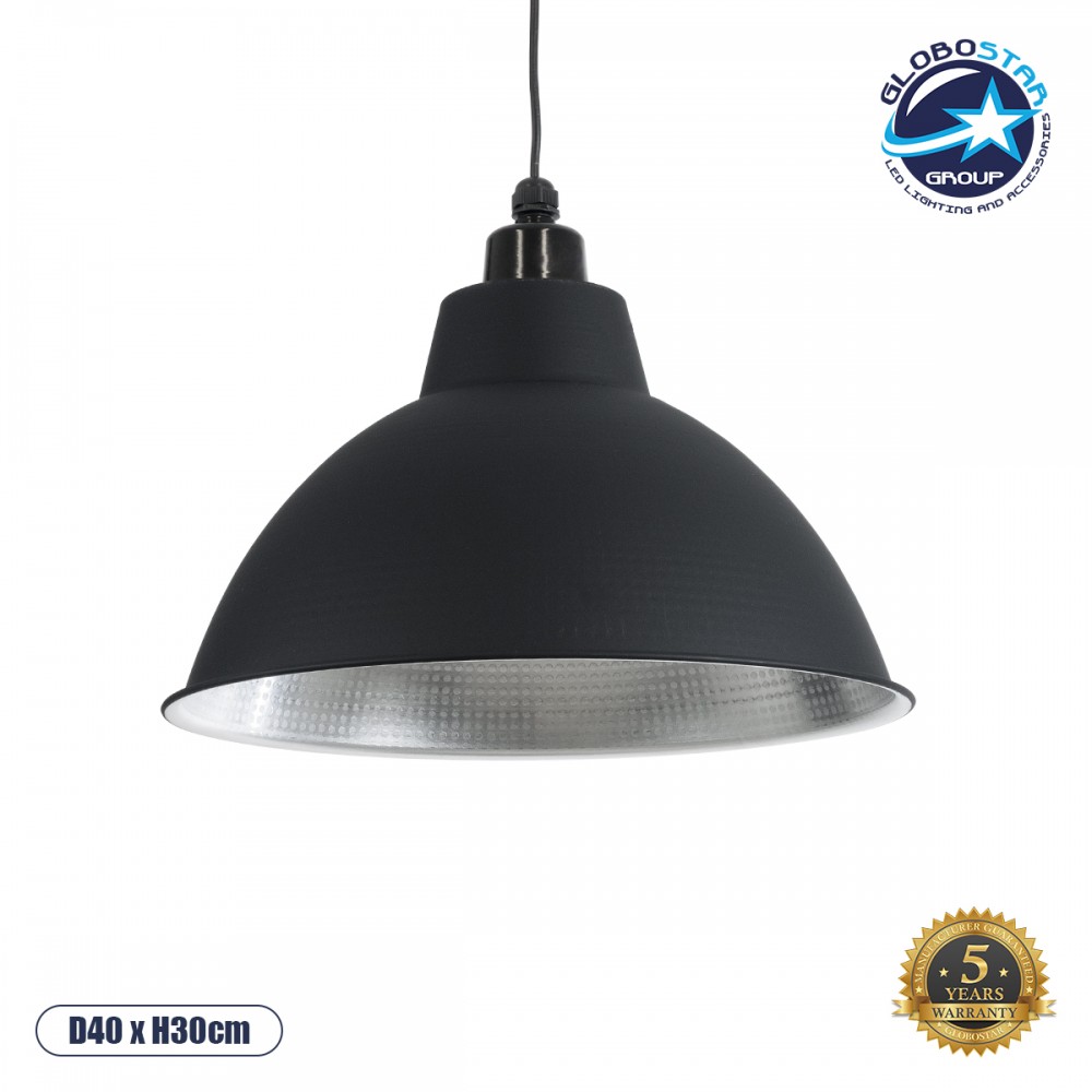 GLOBOSTAR® LOUVE 01176 Vintage Κρεμαστό Φωτιστικό Οροφής με Ντουί 1 x E27 AC 220-240V IP20 - Μαύρο & Ασημί - Μ40 x Π40 x Υ30cm