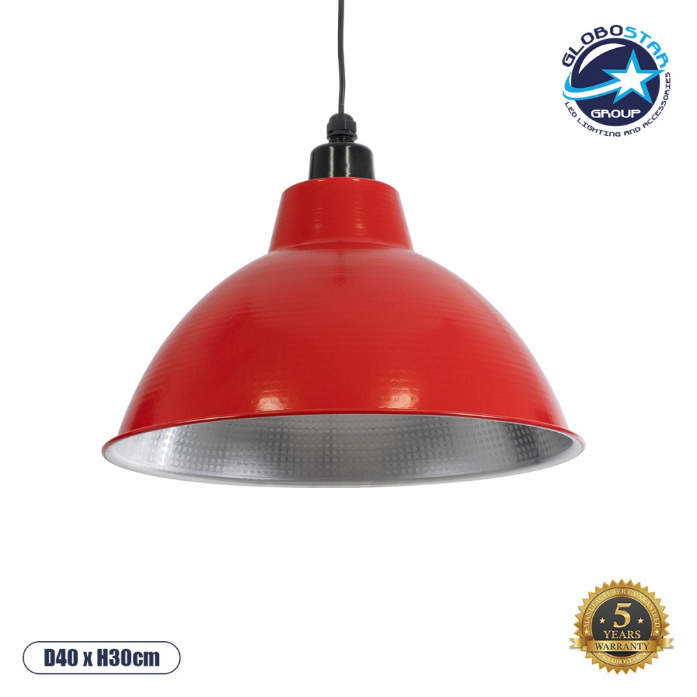 GloboStar® LOUVE 01177 Vintage Κρεμαστό Φωτιστικό Καμπάνα Μονόφωτο 1 x E27 IP20 Κόκκινο, Ασημί & Μαύρο Μέταλλο - Μ40 x Π40 x Y30cm