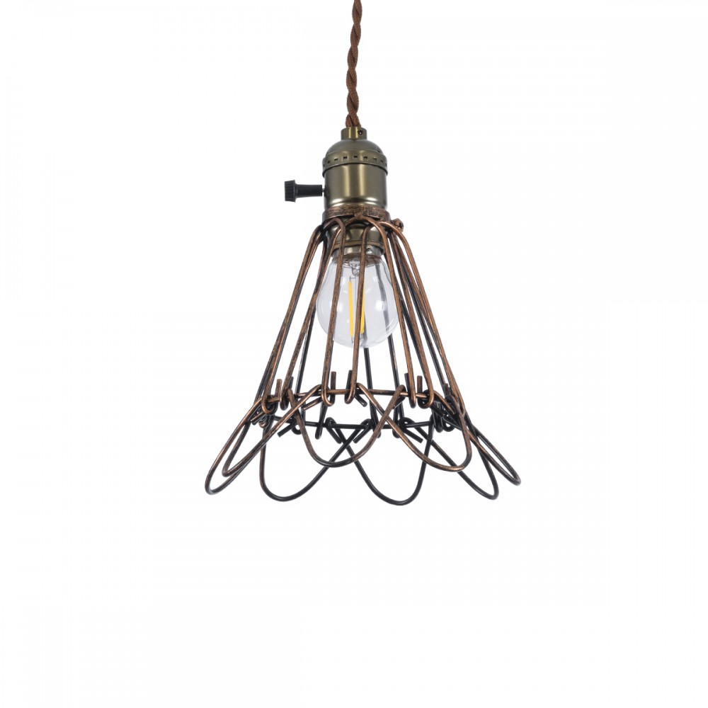GloboStar® FLOWERON 01180 Vintage Κρεμαστό Φωτιστικό Πλέγμα Μονόφωτο 1 x E27 IP20 Χάλκινο & Μπρούτζινο Μέταλλο - Μ10 x Π10 x Y20cm