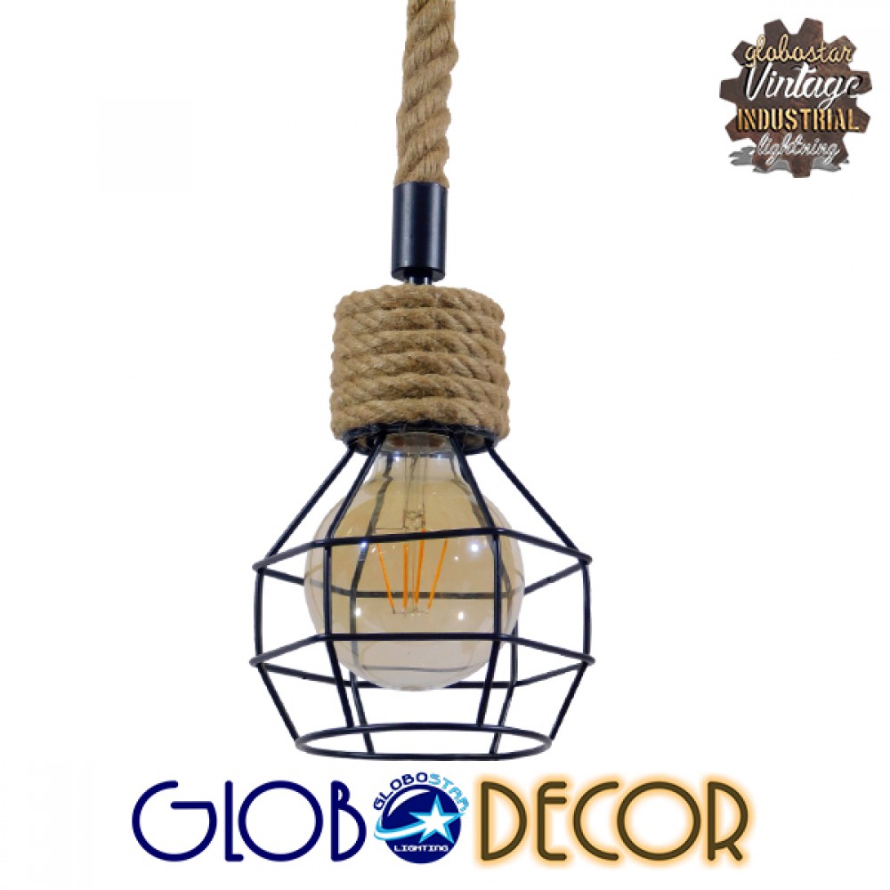GloboStar® HELLET 01182 Vintage Κρεμαστό Φωτιστικό Πλέγμα Μονόφωτο 1 x E27 IP20 Μαύρο Μέταλλο με Μπεζ Σχοινί - Μ16 x Π16 x Υ25cm
