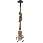 GloboStar® HELLET 01182 Vintage Industrial Κρεμαστό Φωτιστικό Οροφής Μονόφωτο 1 x E27 Μαύρο Μεταλλικό Πλέγμα με Μπεζ Σχοινί Φ16 x Y25cm