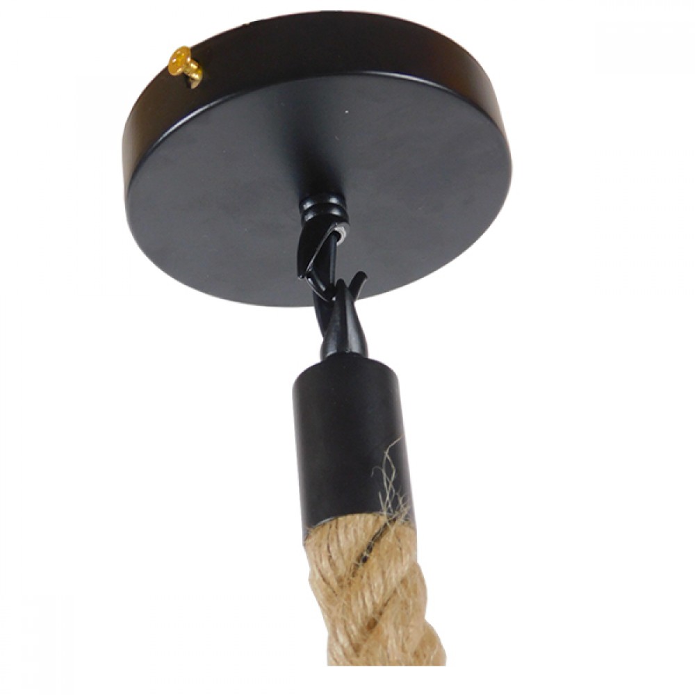 GloboStar® HELLET 01182 Vintage Industrial Κρεμαστό Φωτιστικό Οροφής Μονόφωτο 1 x E27 Μαύρο Μεταλλικό Πλέγμα με Μπεζ Σχοινί Φ16 x Y25cm