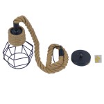 GloboStar® HELLET 01182 Vintage Industrial Κρεμαστό Φωτιστικό Οροφής Μονόφωτο 1 x E27 Μαύρο Μεταλλικό Πλέγμα με Μπεζ Σχοινί Φ16 x Y25cm