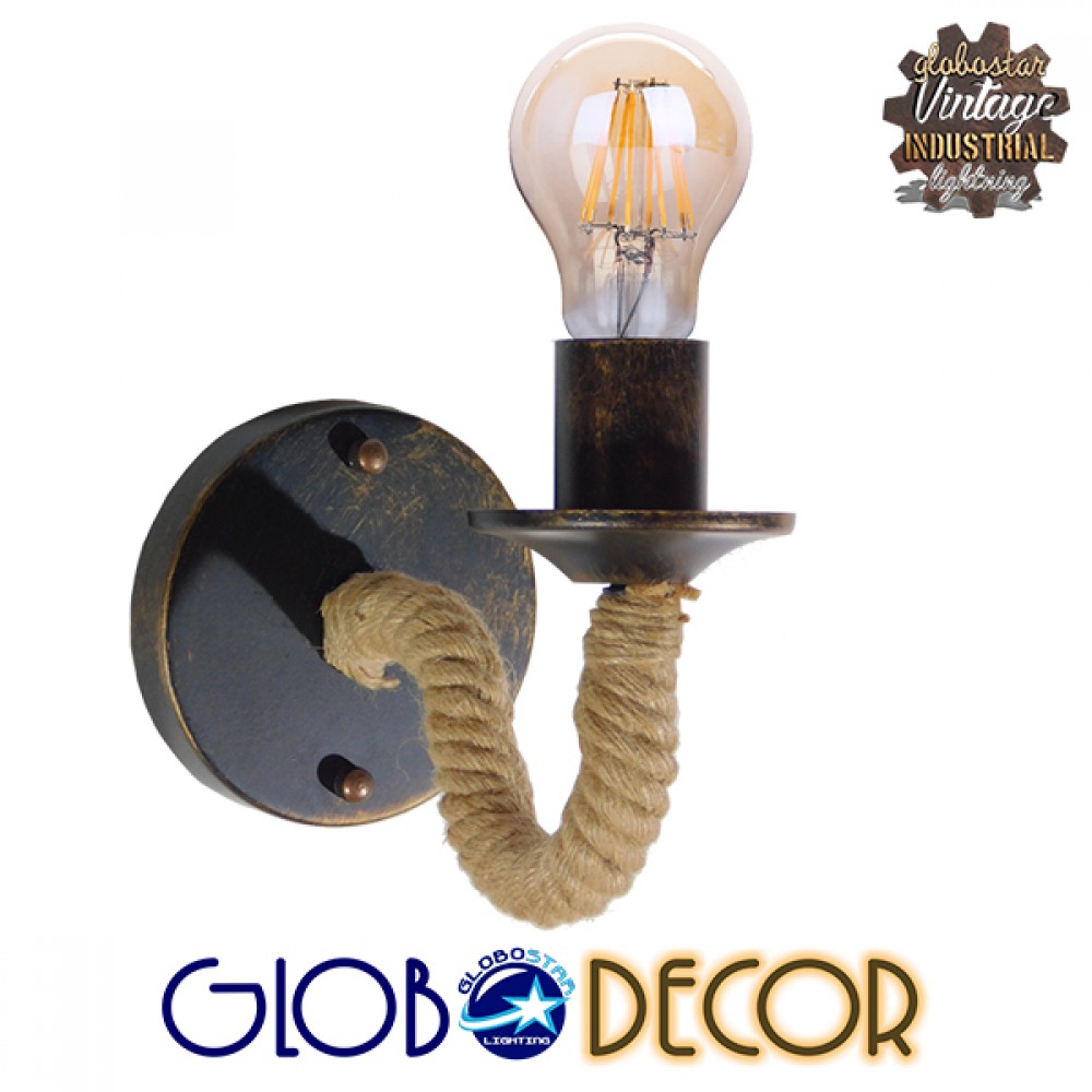 GloboStar® DAKER 01184 Vintage Επιτοίχιο Φωτιστικό Απλίκα Μονόφωτο 1 x E27 IP20 Χάλκινο Μέταλλο Με Μπεζ Σχοινί - Μ21 x Π12 x Υ16cm