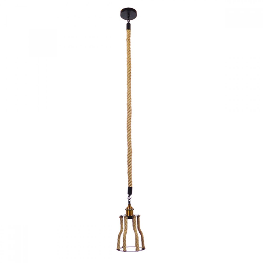 GloboStar® LANTERN 01186 Vintage Κρεμαστό Φωτιστικό Ανάρτηση Μονόφωτο 1 x E27 IP20 Μαύρο & Χρυσό Μέταλλο με Μπεζ Σχοινί - Μ15 x Π15 x Υ24cm
