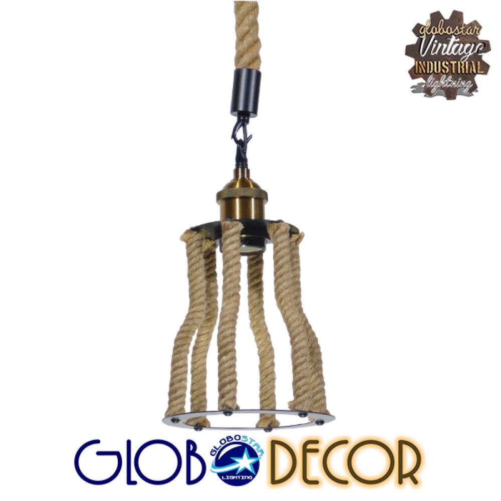 GloboStar® LANTERN 01186 Vintage Κρεμαστό Φωτιστικό Ανάρτηση Μονόφωτο 1 x E27 IP20 Μαύρο & Χρυσό Μέταλλο με Μπεζ Σχοινί - Μ15 x Π15 x Υ24cm