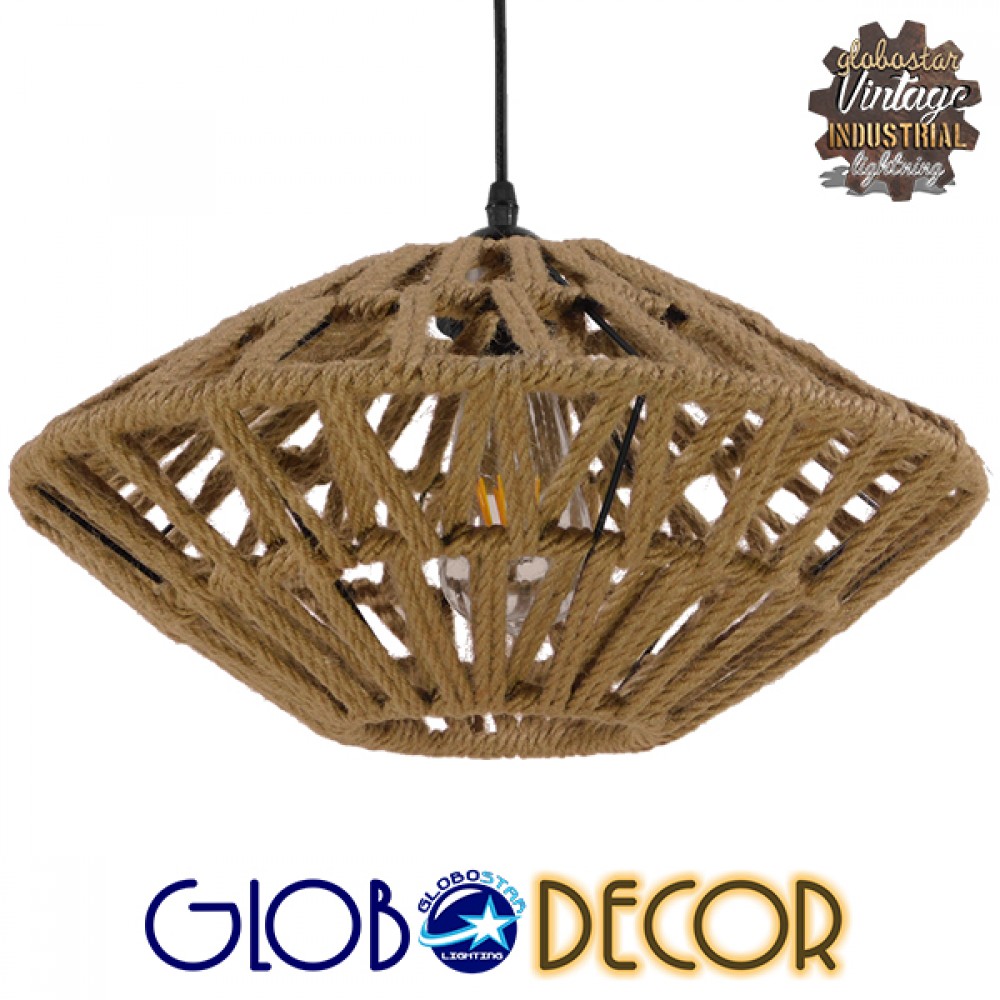 GloboStar® NATHLEN 01187 Vintage Κρεμαστό Φωτιστικό Πλέγμα Μονόφωτο 1 x E27 IP20 Μαύρο Μέταλλο με Μπεζ Σχοινί - Μ40 x Π40 x Υ20cm